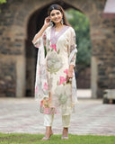 Wedani Georgette Floral Print With Sequence Embroidery & Mirror Work Kurta Pant Set With Dupatta For Women-White,White,M,,,