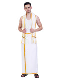 Prakasam Cotton Mens White Colour Zari Cotton Welcro Pocket Dhoti With Matching Towel-(Size 34)