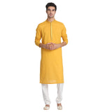 Manyavar Men's Mustard Yellow Self Booti Kurta Set (Mustard,L)