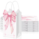 Skyygemm 16 Pcs Pink Coquette Bow Gift Bags with Handles 8 x 4. 3 Inch Small Pink Kraft Paper Bags for Treat Goodie Candy Birthd