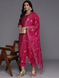 Libas Magenta Solid Silk Blend Straight Kurta With Trousers & Dupatta