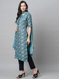Anni Designer Women'S Banarasi Silk Straight Printed Kurta With Pant & Dupatta (Banarsi-Blue_L-An_Blue_Large),Blue,L,Silk Blend,Regular,Pants, Dupatta