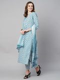 Anni Designer Women'S Cotton Blend Straight Printed Kurta With Pant & Dupatta (Sadhna Blue_Xl_Blue_X-Large),Blue,XL,,,