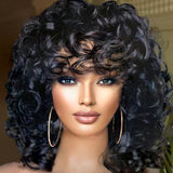 Retoleca Short Curly Wigs for Black Women Afro Big Curly Wig with Bangs Black Soft Bouncy Fluffy Heat Resistant Synthetic Wig for Daily Party Use (Natural Black)