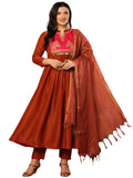 Gosriki Women'S Rayon Viscose Embroidered Anarkali Kurta With Pant & Dupatta (Brics Rust-Vks01-Gs_S_Rust_Small),Rust,,B0F13SMCJT