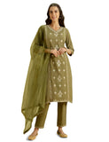 Kaari Rayon Staple 3 PCS Women Kurta Set (KAAAW24WSKD-82020_Mehendi Green_M)