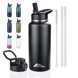 StarSpeed 32oz Insulated Water Bottle with Straws & 2 Lids, Stainless Steel Double Walled Vacuum Water Flask, Wide Mouth Sports