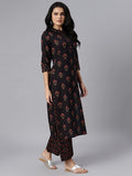 Idalia Mandarin Collar Black Kurta Set For Women 3/4Th Sleeve Floral Printed Straight Kurta Set With Palazzo Pant Or Weddings An
