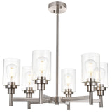 VINLUZ 6 Light Contemporary Chandelier Brushed Nickel Modern Pendant Lighting Cylinder Clear Glass Shaded Classic Ceiling Light