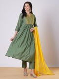Anni Designer Women'S Rayon Viscose Anarkali Embroidered Kurta With Pant & Dupatta (Padari Green_Xxl_Green_Xx-Large),Green,2XL,,,