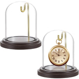 JUXYES 2 Pack Clear Watch Glass Display Dome Cloche With Hook, Dome Cloche with Hook with Wooden Base, Glass Dome Cloche Bell Te