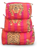 LKGSM RUGS Quilted Cotton Tiger Print Travel Toiletry Bags, Cosmetic Organizer Set, Pink and Orange