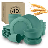 Wrova 40Pack plates and bowls sets for kids - Unbreakable wheat straw dinnerware sets service for 8 - Alternative plastic 40pcs
