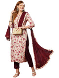 Anni Designer Women'S Cotton Blend Printed Straight Kurta With Pant & Dupatta (Gta Wine-Jb_L_Wine_Large),Wine,L