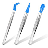 Honoson 3 Pieces Rubber Tipped Tweezers for Crafting Set - PVC Coated Flat, Straight & Bent Tips Stamps, Beads, Jewelry(Blue)