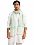 Cotton Mini Checks Multipurpose Scarf, Light Green With Turquoise Stripe Border, Fringed Ends