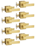 Tinewa 8 Pack Gold Keyless Square Levers Handles, Satin Brass Finish, Interior Passage Door Locksets for Hall Closet Door Knobs