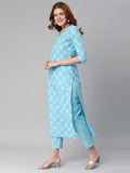 Anni Designer Women'S Cotton Blend Printed Straight Kurta With Pant (Kidya Blue_M_Blue_Medium),Blue,M,Cotton Blend,Regular,Kurta with Pant