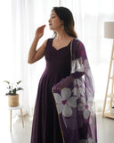 Women Floral Print Anarkali Kurta With Pant And Duptta (Medium Purple),Purple,M,Georgette,Anarkali,Dupatta