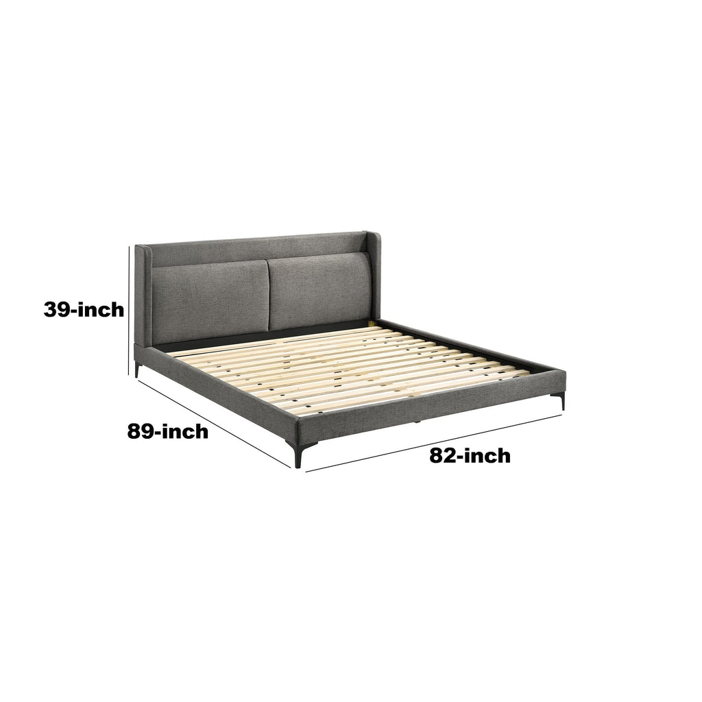 Benjara Legend Fabric Eastern King Platform Bed With Metal Legs, Gray