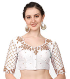 Pujia Mills Women's Embroidery Handwork, Rough Cut Work Stone Work Readymade Blouse (38, White)