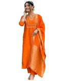 GoSriKi Womens Straight Embroidered Rayon Blend Kurta with Pants and Dupatta, Orange, Medium