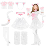 Haull 8 Pcs Halloween Kitten Cat Costume Accessories Girl Cat Ear Tail Gloves Bell Choker Necklace Tights Skirt Calf Sleeves(Whi