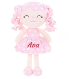Gloveleya Personalized Baby Dolls Soft Rag Doll Costomized Name Gifts Curly Hair Polka Dot Pink Dress Spring Girl 12inches