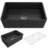 BOCCHI Classico Farmhouse Apron Front Fireclay 30 in. Single Bowl Kitchen Sink with Protective Bottom Grid and Strainer in M.Dar