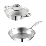 Vinod Platinum Triply Stainless Steel Cookware Combo Set of 2 | 1.5 Litre Kadai (20cm), 20 cm Frypan | Extra Deep Kadai with Lid