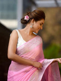 Shiv Textiles Womens Cotton Banarasi Silk Saree With Unstitched Blouse (Pink) Pink Free