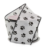 2 1/2 X10 Yards Black Paw Prnt White Stn Ribbon W/Wired Edge