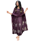 Anni Designer Women'S Rayon Blend Anarkali Printed Kurta With Pant & Dupatta (Gangori Wine_Xl_Wine_X-Large),Wine,XL