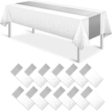 MASHAN 12Pcs White Silver Tablecloth Party Decorations,Plastic White Table Cloth Printed Silver Runner Disposable Rectangle Tabl