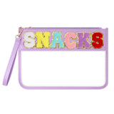 Narsikar Clear Snack Bag for Travel, Chenille Letter Clear Zipper Snacks Pouch Nylon Cosmetic Bag Makeup Travel Bag for Women (P