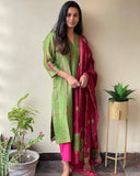 Anni Designer Women'S Rayon Straight Printed Kurta With Pant & Dupatta (Sibori-Methi_Xxl_Green_Xx-Large),Green,2XL,Rayon,Regular,Dupatta