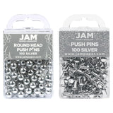 JAM PAPER Colorful Push Pins - Flat & Round Head Thumb Tack Combo Set - Silver Pushpins - 200/Pack