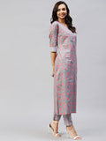 Anni Designer Women'S Cotton Blend Straight Printed Kurta With Palazzo (Lochna Grey_M_ Grey_Medium),Grey,M,Cotton Blend,Straight,kurta