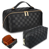 Checkered Travel Makeup Bags Cosmetic Organizer Bag: 2-Set Large Capacity Waterproof Makeup Bag - PU Leather Toiletry Bag for Wo