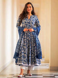 Pinkmint Women'S Rayon Anarkali Indigo Printed Kurta & Pant With Dupatta Set Blue L