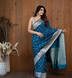 Flosive Womens Barry Blue & Patola Kanjivaram Silk Saree With Blouse