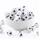 HHCFAST 12mm White Square Letter A Alphabet Silicone Beads, 20Pcs Cube Heart Number Letter Silicone Beads for Keychain Making, I
