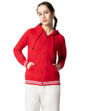 FYLTR Women's Hoodie with Stripe Rib Detail - Sporty Raglan Sleeve | Spacious Side Pockets | Full Zipper | Casual Winterwear for Women,Scarlet Ember