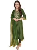 Sanisa Ladies Silk Organza Sequence Embroidery Straight Kurta with Trousers and Dupatta Set, green, XL
