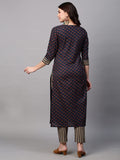Anni Designer Women'S Cotton Blend Printed Straight Kurta With Pant (Satku Dark Blue-Nw_L_Dark Blue_Large),Dark Blue,L,Cotton Blend,Regular,Pants