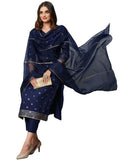 Anni Designer Women'S Cotton Blend Straight Printed Kurta With Pant & Dupatta (Thakor Blue_L_Blue_Large),Blue,L