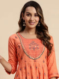 Rangita Orange Cotton Calf Length Embroidered Flared Kurti For Women | Kurta For Women_L