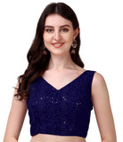 Pujia Mills Women's Georgette Sipali Sequin Work Sleeveless Blouse (Navy Blue, 38)