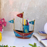 KREATIVE GARAGE Handcrafted Metal Boat Pen Stand with Artistic Flags (8x24 cm) | HandPainted Sailing Ship Desk Organizer & Stat