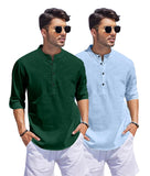 Bellstone Men'S Cotton Blend Solid Regular Dress Shirt (Kurta1500_Combo_D Green & Sky_S_Dark